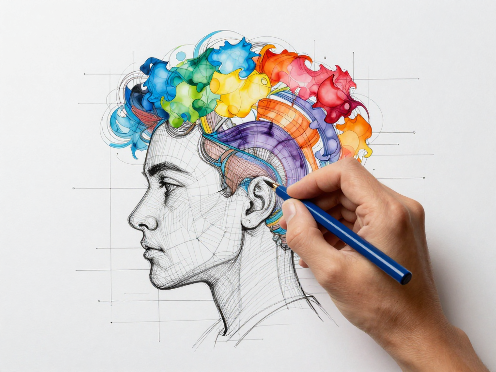 AI transformation: a hand draws a head profile with colorful watercolor shapes