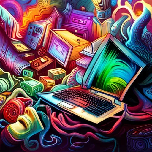 Mullvad Browser test: colorful illustration of a laptop among old computers and cables