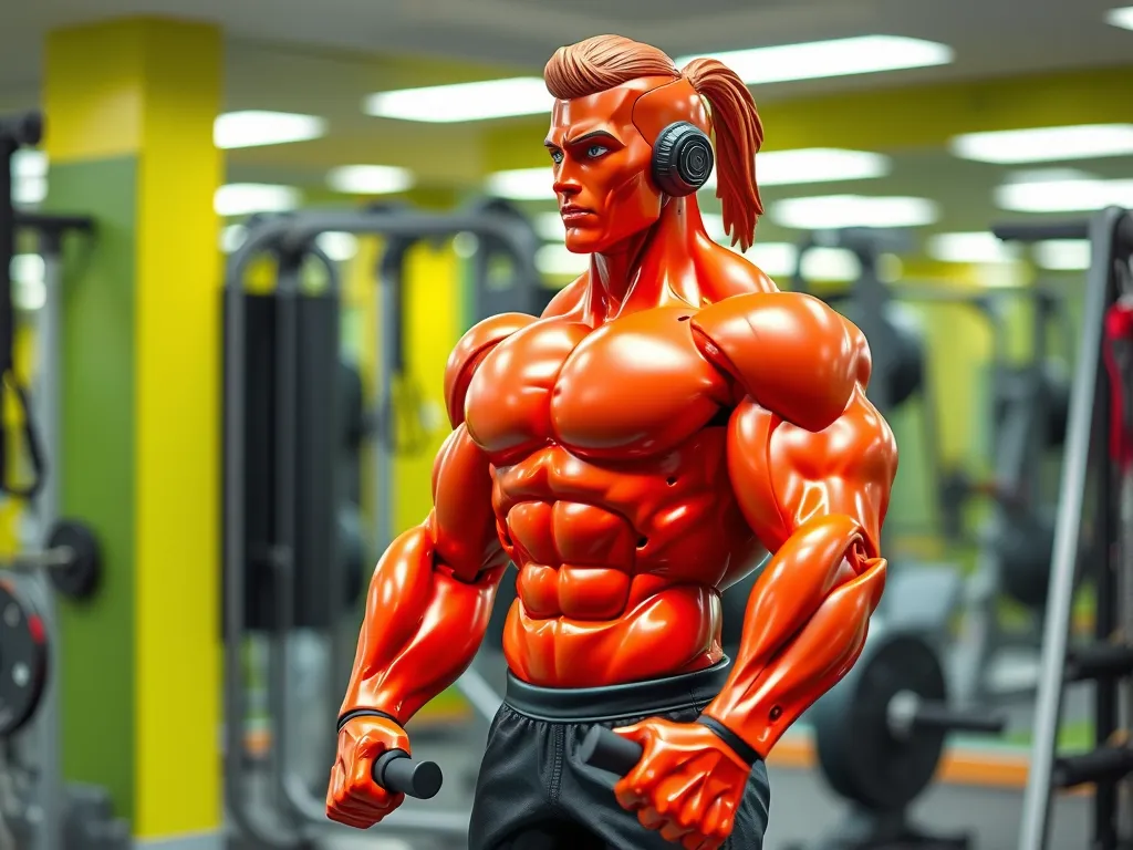 AI training as a metaphor: muscular figure made of red plastic with headphones in a gym