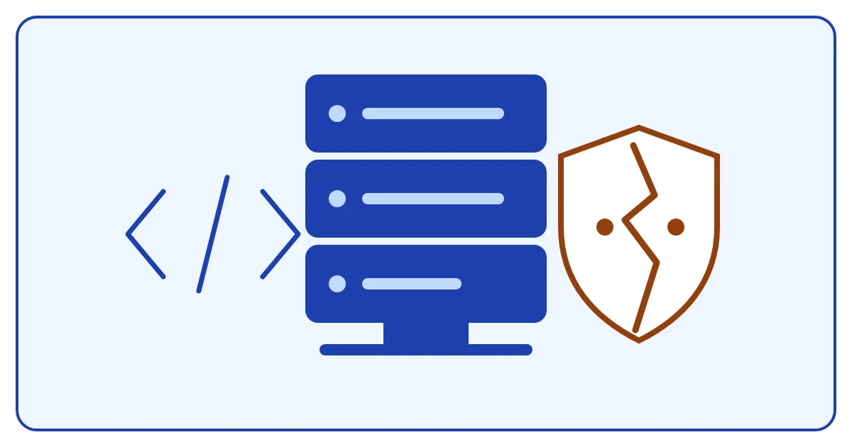 Illustration of a server stack with code brackets and a broken shield symbolizing the PHP vulnerability