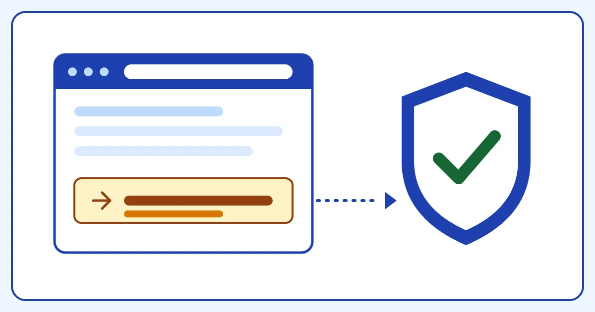 Browser window with a highlighted copied command, dashed arrow to a shield with a check mark