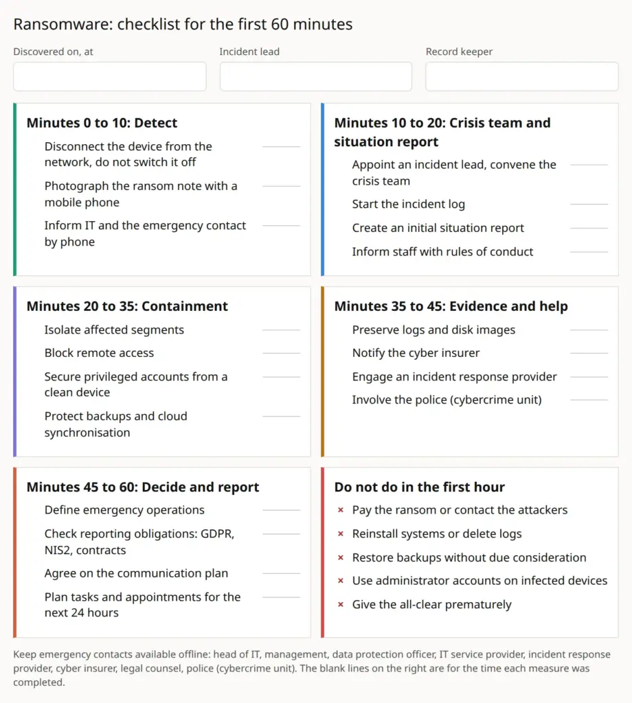 Printable checklist with the measures for the first 60 minutes after a ransomware attack