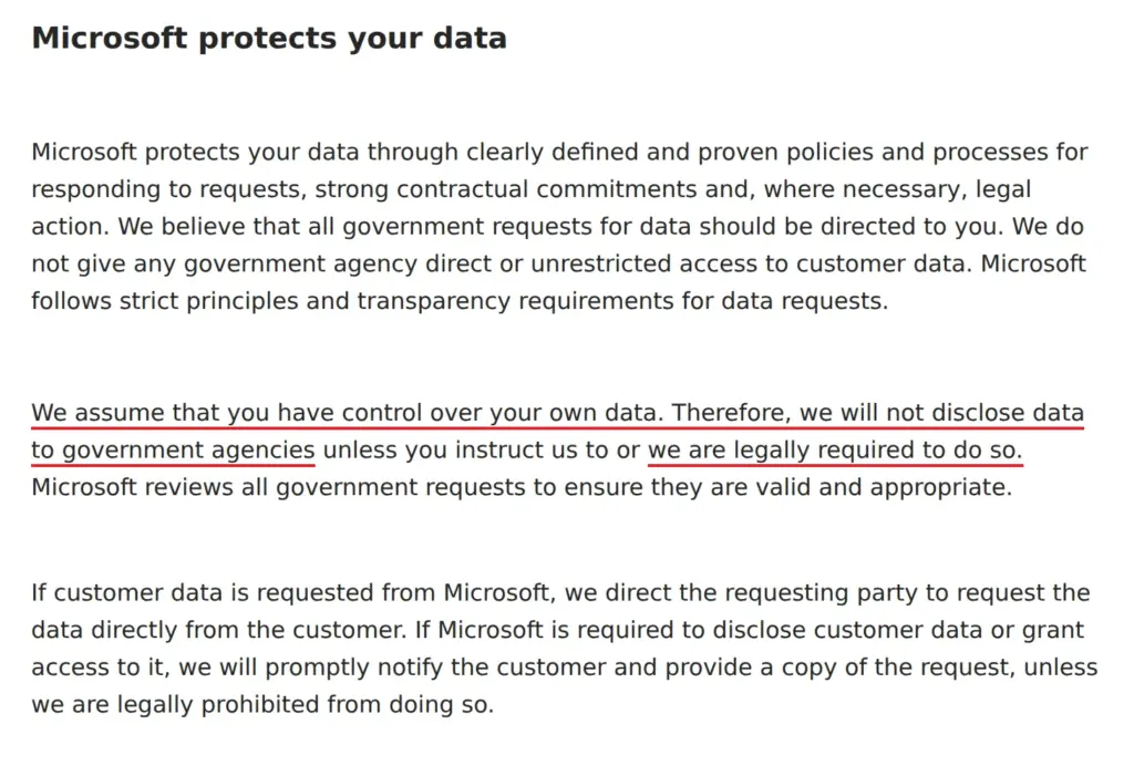 Microsoft's privacy statement on ChatGPT on Azure with key passages underlined in red: disclosure to authorities if legally required