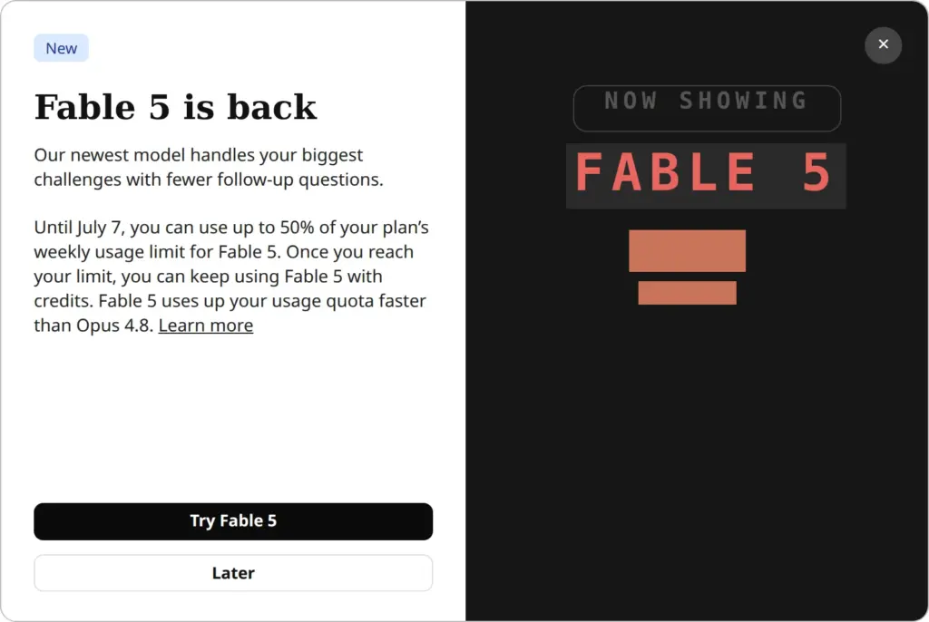 Fable 5 AI model: notice in Claude.ai with a Try Fable 5 button