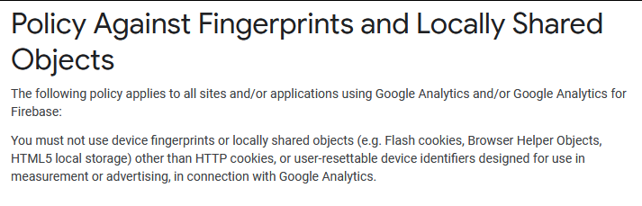 Screenshot of Google's policy against fingerprints and locally shared objects in Google Analytics