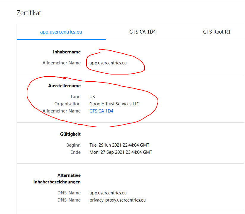Usercentrics test: certificate for app.usercentrics.eu issued by Google Trust Services in the USA