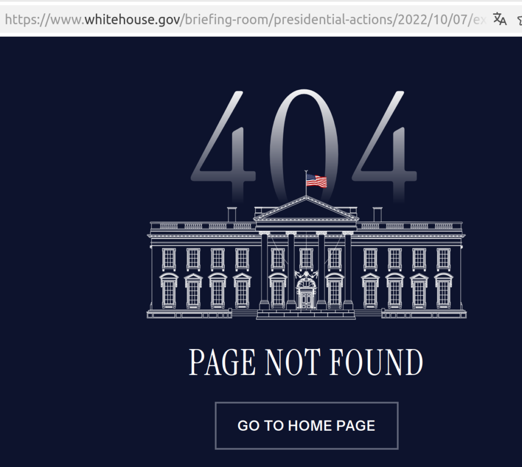 Executive Order 14086 gone: 404 error page on whitehouse.gov