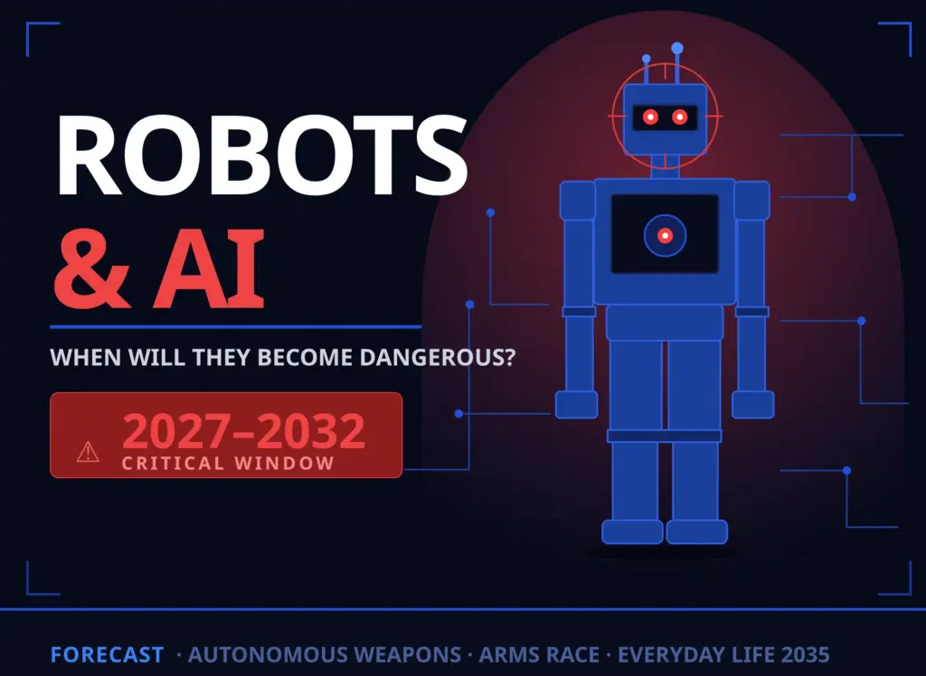 AI robots: when will they become dangerous? Title graphic with a robot and a critical window 2027 to 2032