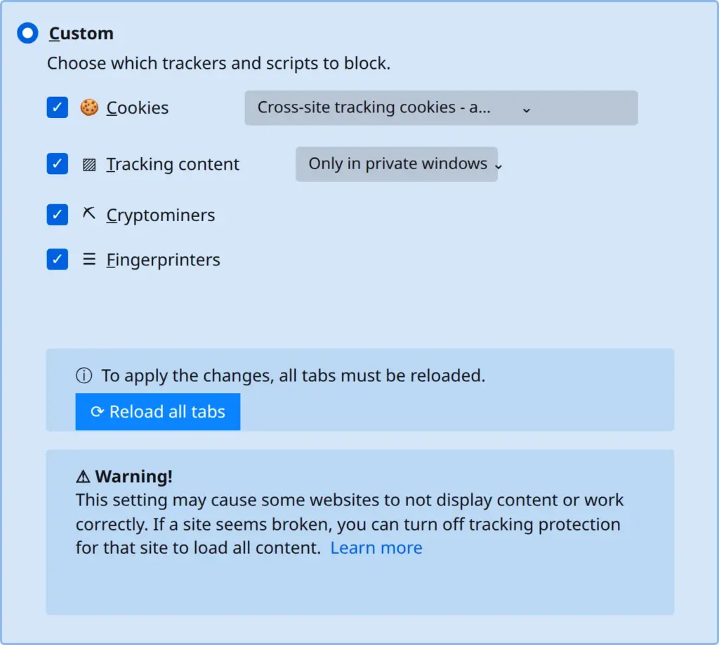 Firefox privacy settings with custom blocking of cookies, tracking content, cryptominers and fingerprinters