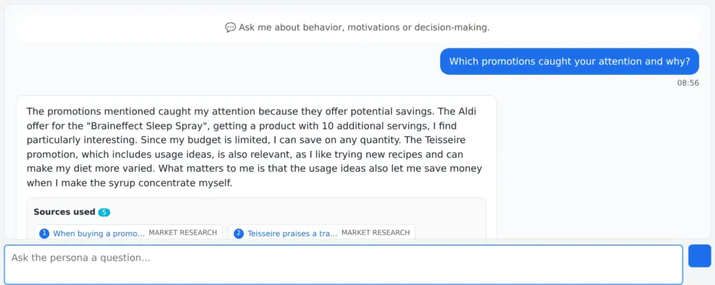 Specialized AI chatbot in a company: persona survey with sources shown