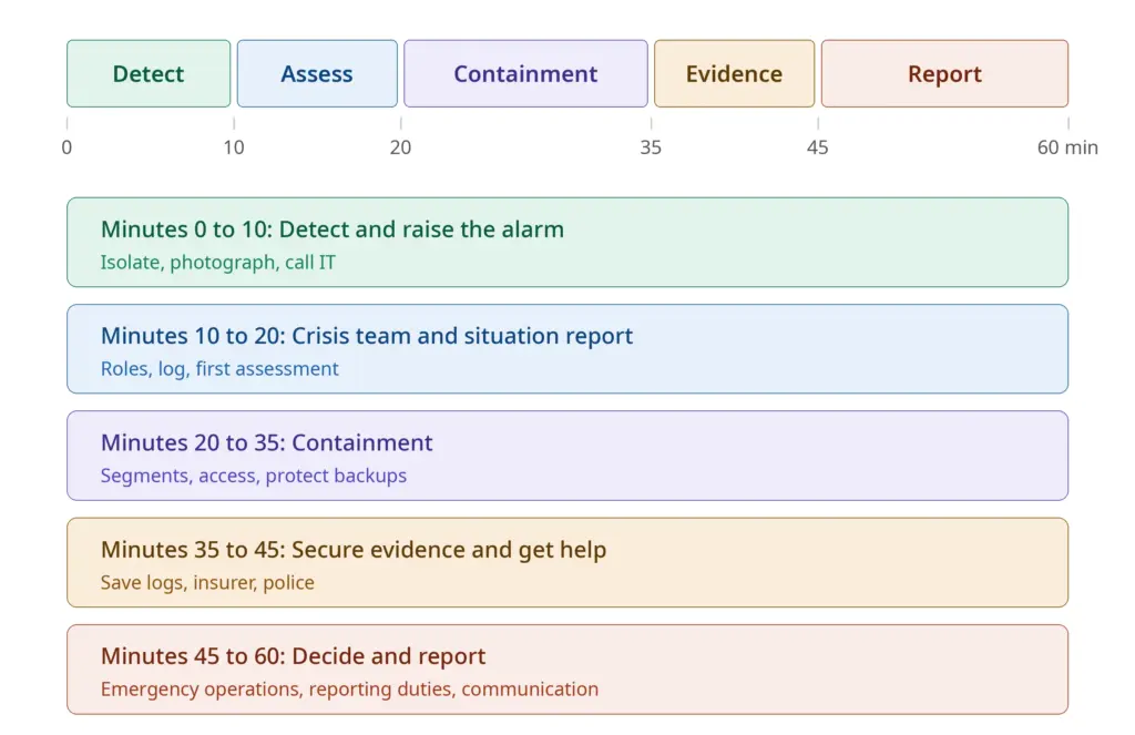 Timeline of the first 60 minutes after a ransomware attack with five phases: detect (0 to 10 minutes), assess (10 to 20), containment (20 to 35), secure evidence (35 to 45), report (45 to 60).