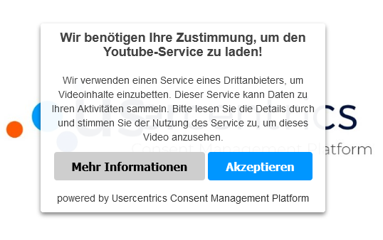 Usercentrics experience: dialog asking for consent to load the YouTube service on its own website