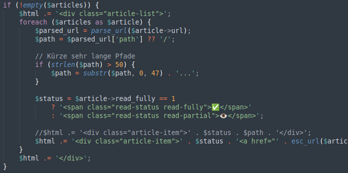 Original PHP code before agentic coding: building an article list as HTML