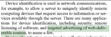 Excerpt from a Google patent naming targeted advertising as a use of device identification