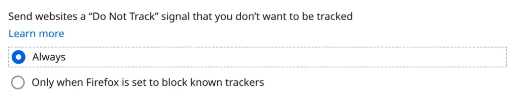 Firefox setting for sending the Do Not Track signal to websites, set to Always