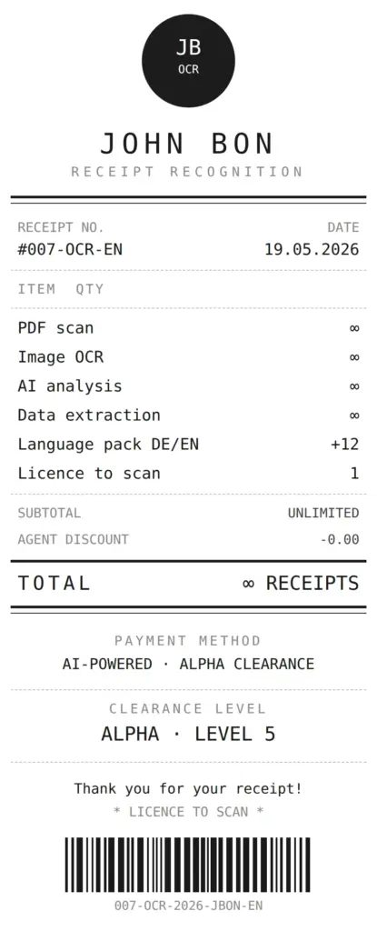 Features of the John Bon receipt recognition tool, styled as a cash register receipt