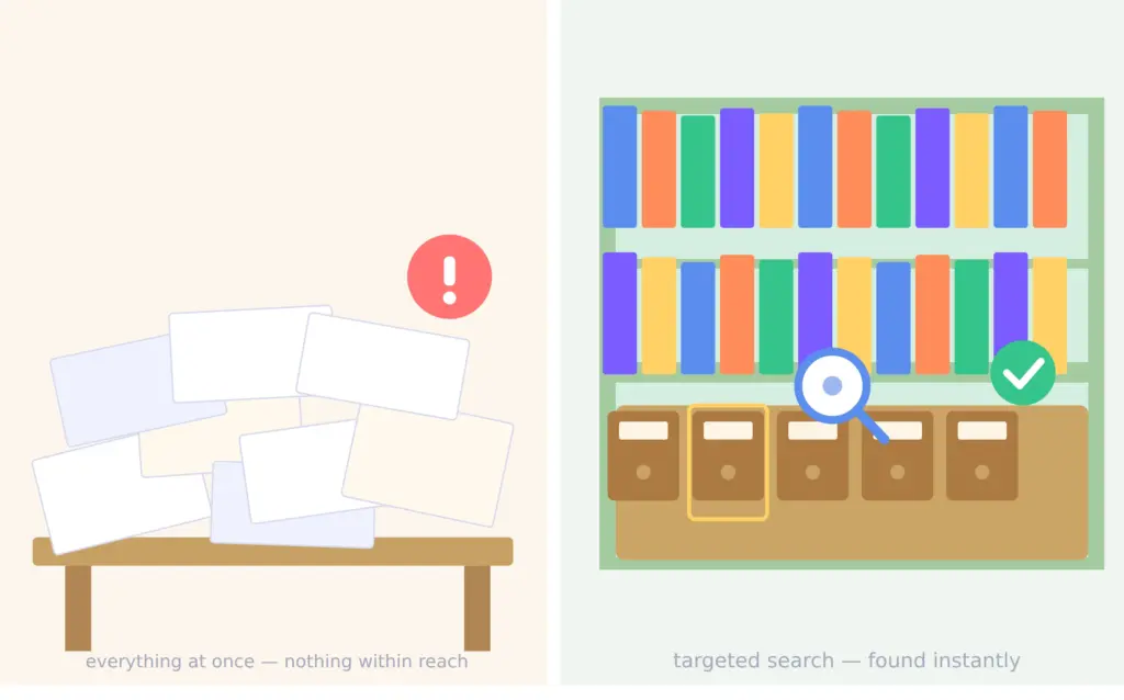 Structured company knowledge: chaotic pile of papers versus an orderly shelf with targeted search