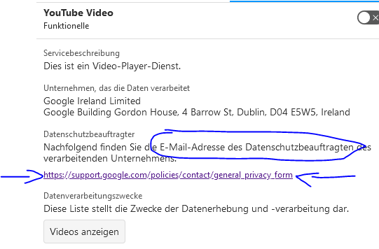 Usercentrics details on YouTube: link instead of the data protection officer's email address