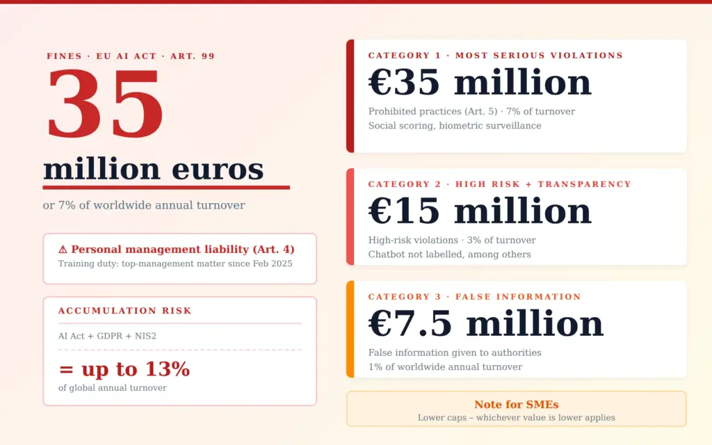 AI Act fines: up to 35 million, 15 million and 7.5 million euros by violation category