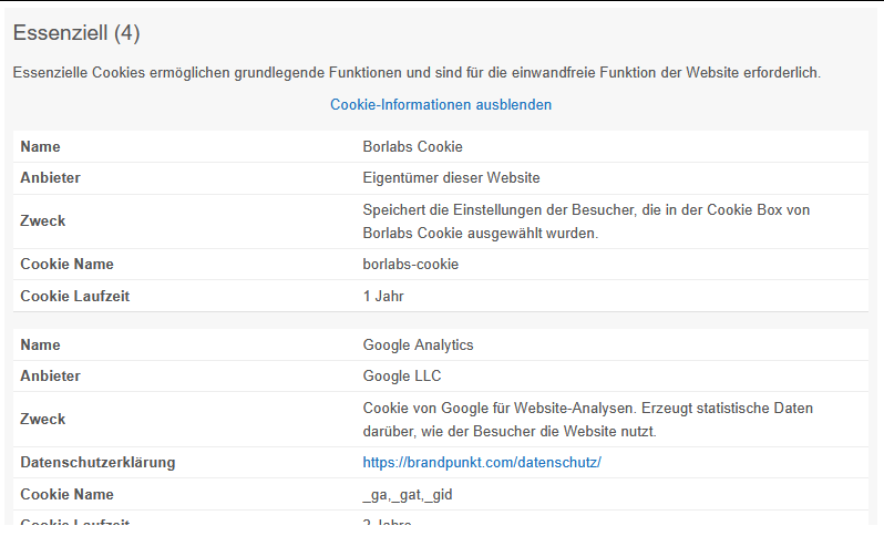 Borlabs Cookie plugin listing Google Analytics as a supposedly essential cookie