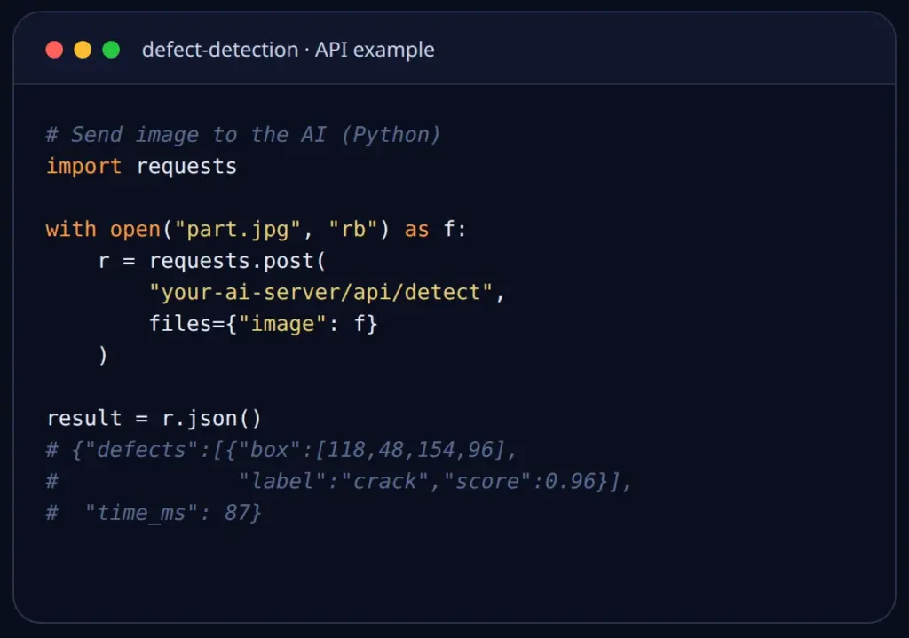 Automated quality control: part image sent via API to the AI server, defects returned as JSON