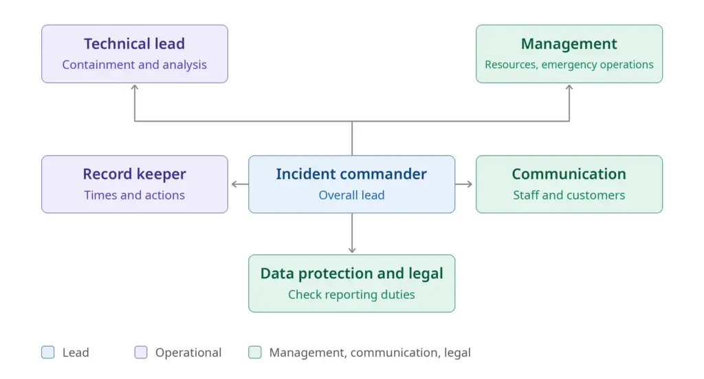 Organisation chart of the crisis team: the incident commander is in the middle and coordinates five roles, namely technical lead, record keeper, communication, executive management, and data protection and legal.