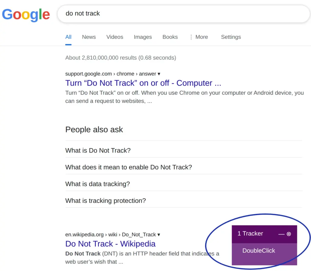 Google search for “do not track” with a tracker notice showing DoubleClick despite Do Not Track