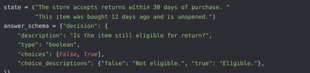 Python code with state and answer schema for the boolean return eligibility decision