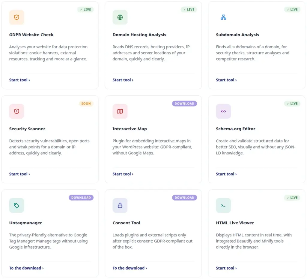 Resumen de nueve herramientas gratuitas de Dr. DSGVO, entre ellas GDPR Website Check, Subdomain Analysis y HTML Live Viewer