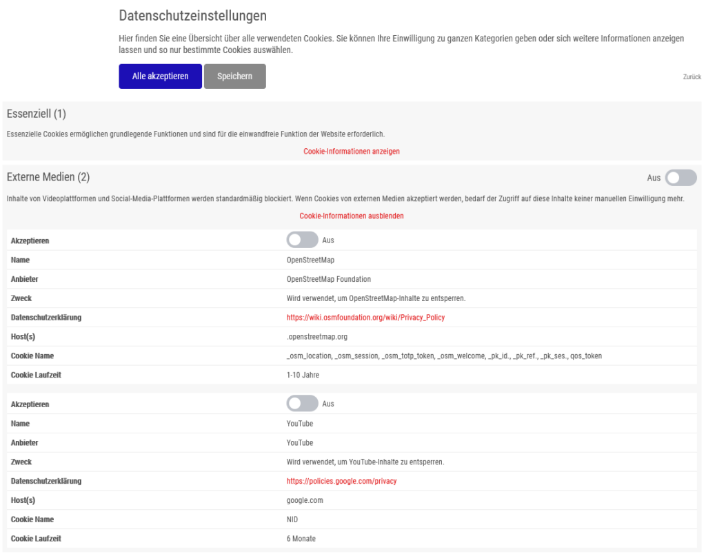 Borlabs Cookie details on services requiring consent such as OpenStreetMap and YouTube