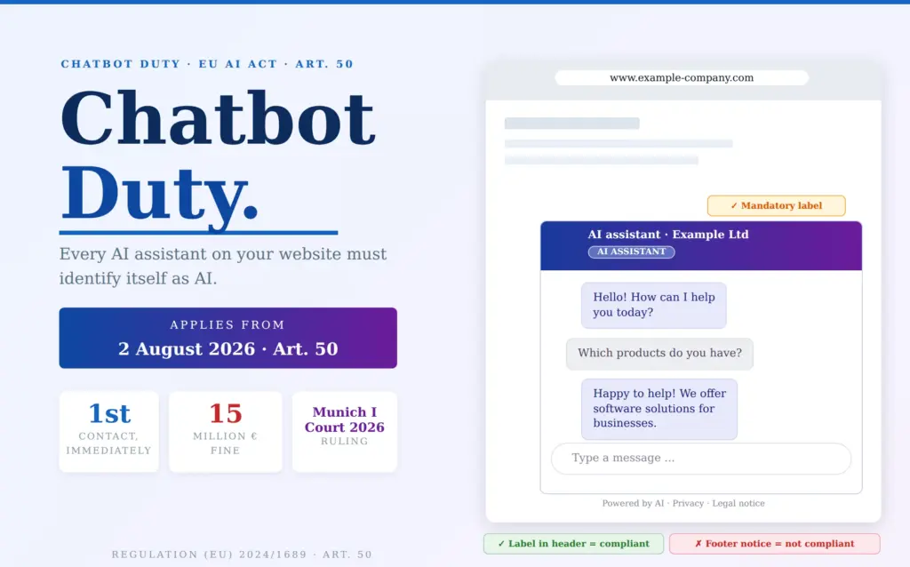 Chatbot duty under Art. 50 AI Act: an AI assistant must identify itself as AI from August 2026