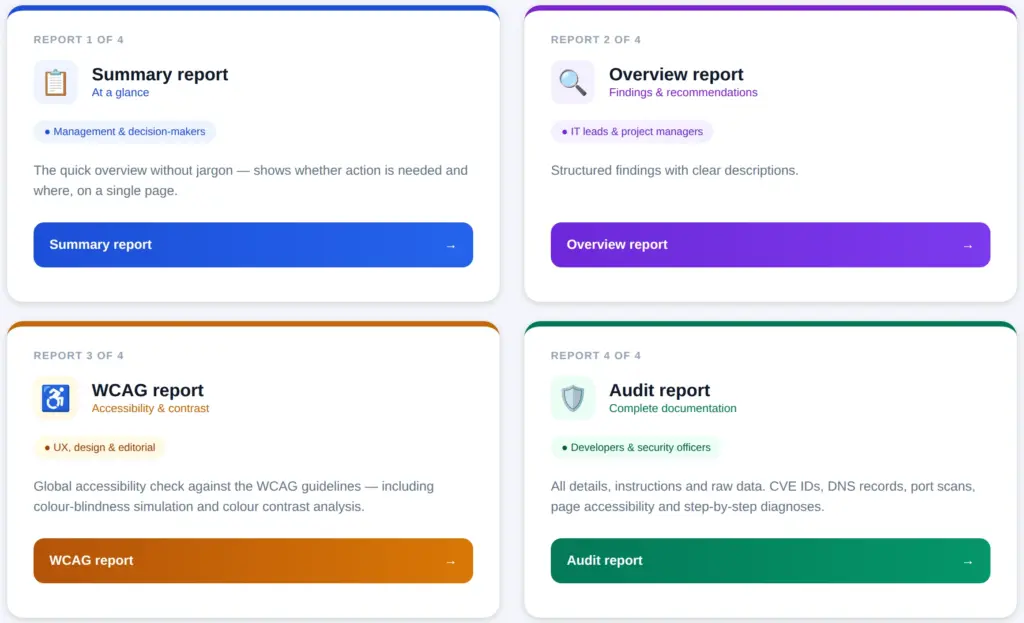 Four reports of an accessibility check: summary, overview, WCAG report and audit report