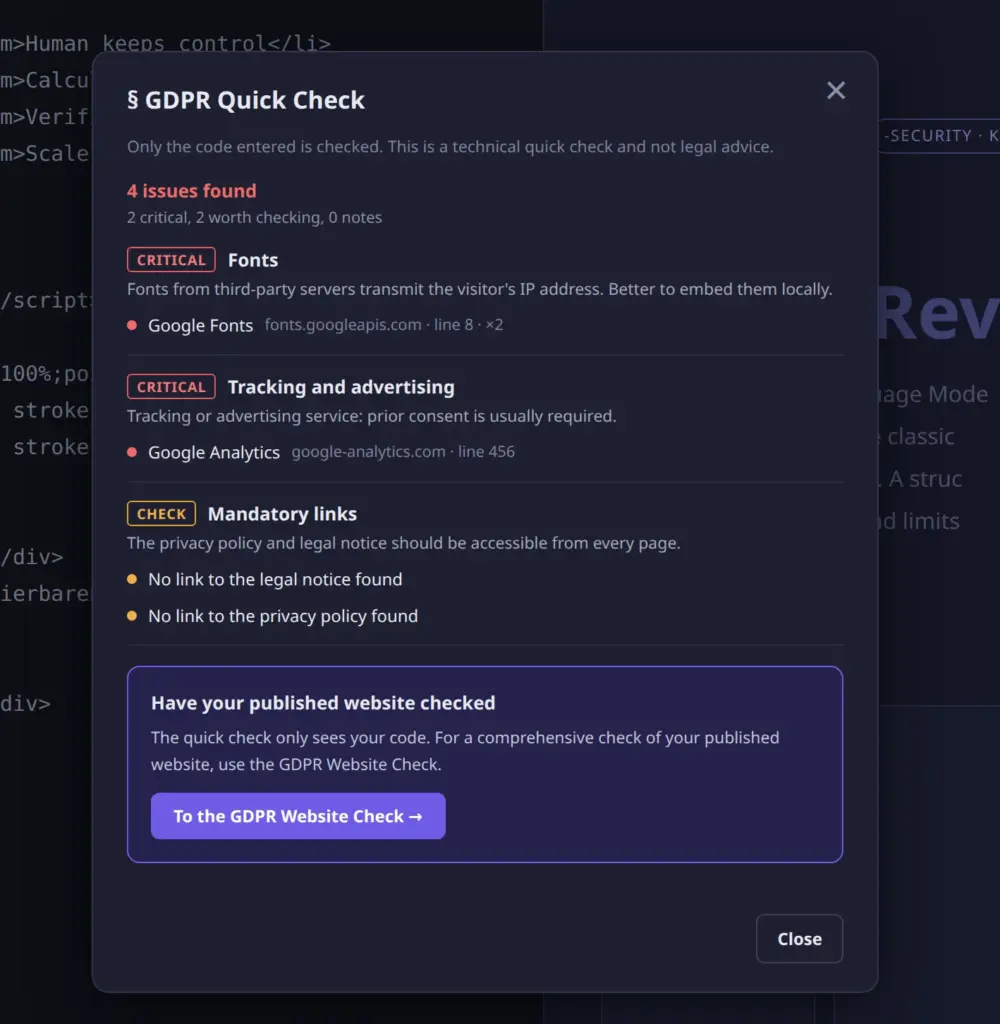 Dialogen GDPR Quick Check i HTML viewer'en: fire fund, to kritiske (Google Fonts, Google Analytics) og to til kontrol