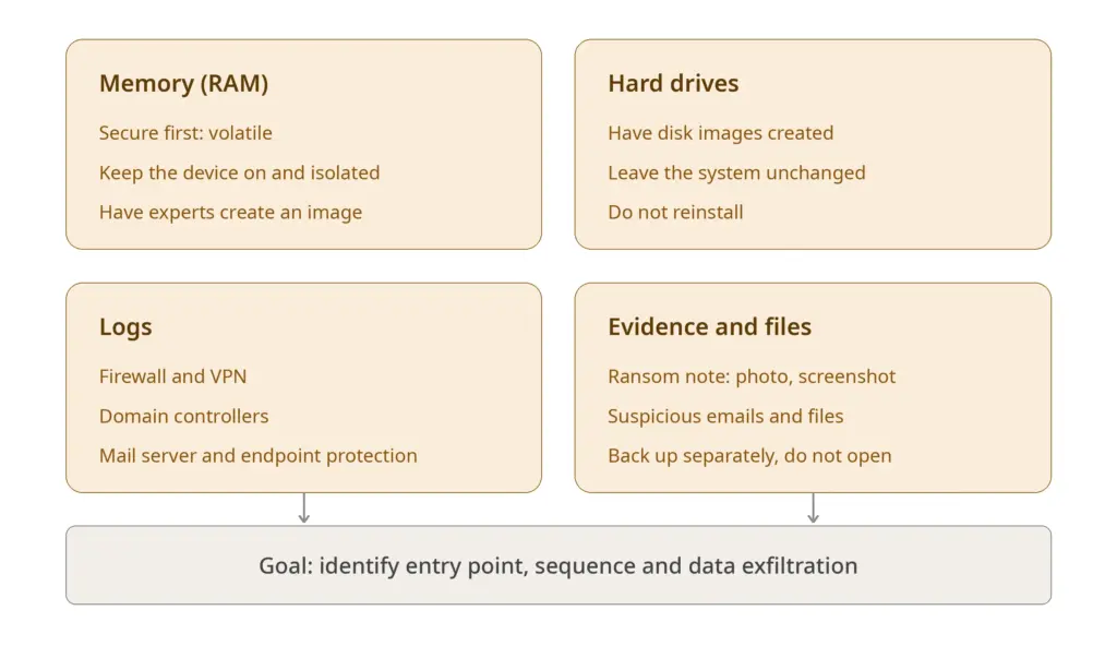 Evidence sources after a ransomware attack in four groups: memory, hard drive images, logs (firewall, VPN, domain controllers, mail server, endpoint protection) and files such as the photo of the ransom note. Goal: identify entry point, sequence and data exfiltration.