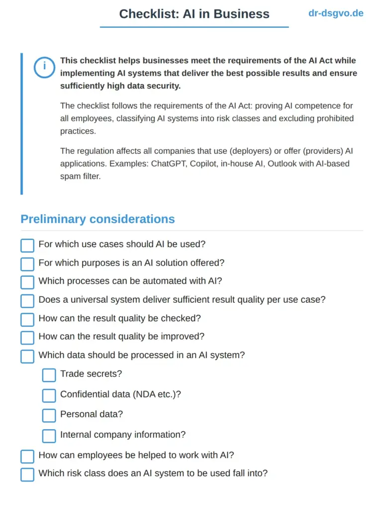 AI Act checklist for businesses with preliminary questions to tick off