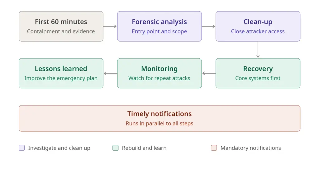 Sequence after the first 60 minutes: forensic analysis, clean-up, recovery, monitoring and lessons learned. In parallel, timely notifications are sent to authorities, data subjects and contractual partners.