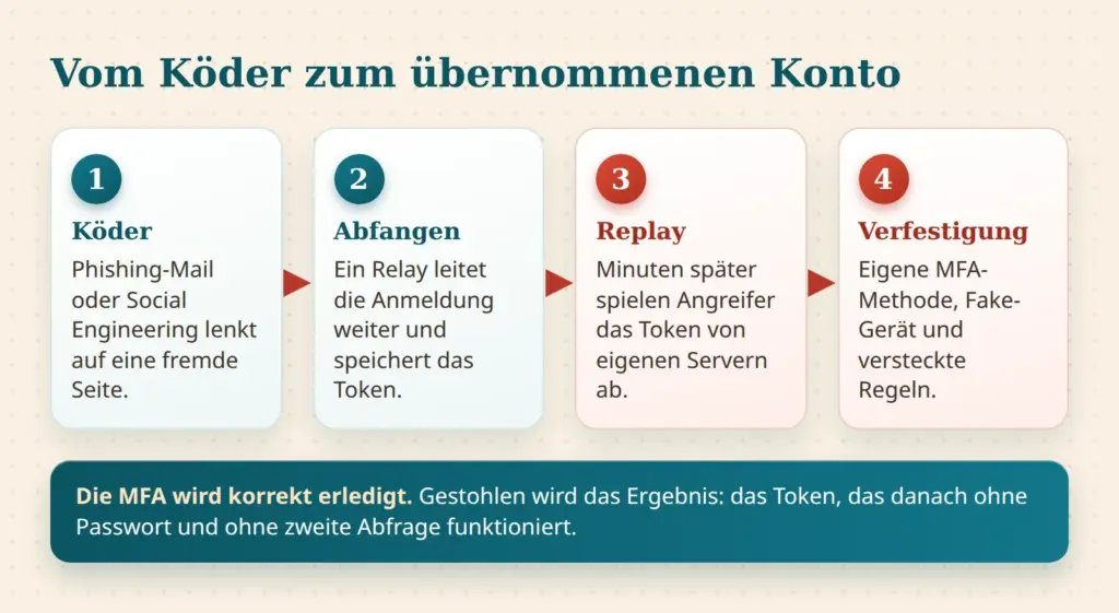 Vier Schritte von Köder über Abfangen und Replay bis zur Verfestigung beim Token-Spraying in Microsoft 365
