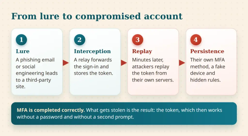 Four steps from lure via interception and replay to persistence in token spraying in Microsoft 365