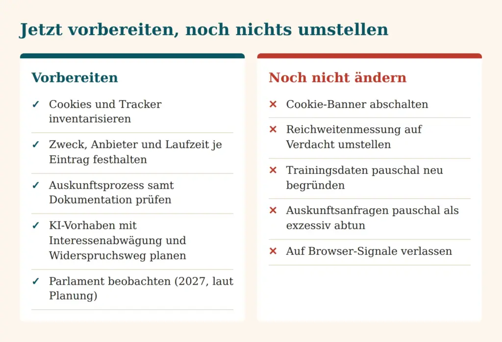 Zwei Spalten: fünf Punkte zum Vorbereiten und fünf Punkte, die noch nicht geändert werden sollten