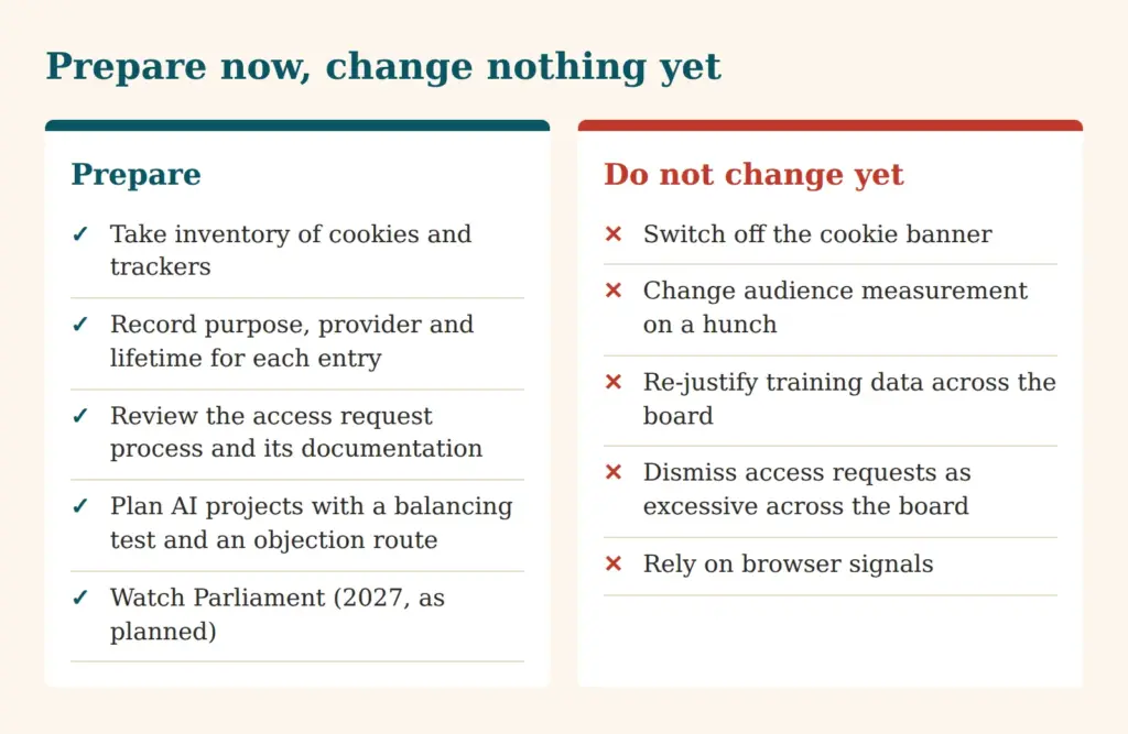 Two columns: five points to prepare and five points not to change yet