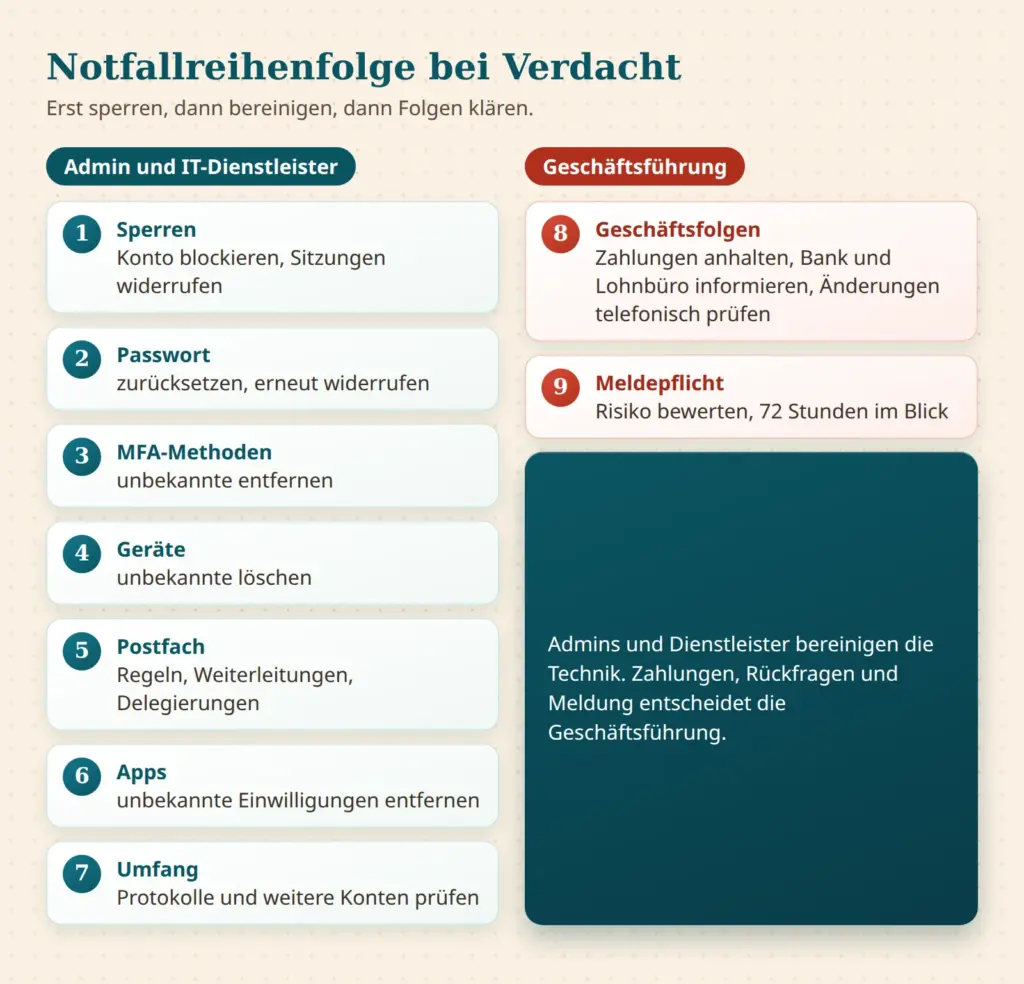 Notfallreihenfolge in neun Schritten, aufgeteilt auf Admins und Geschäftsführung