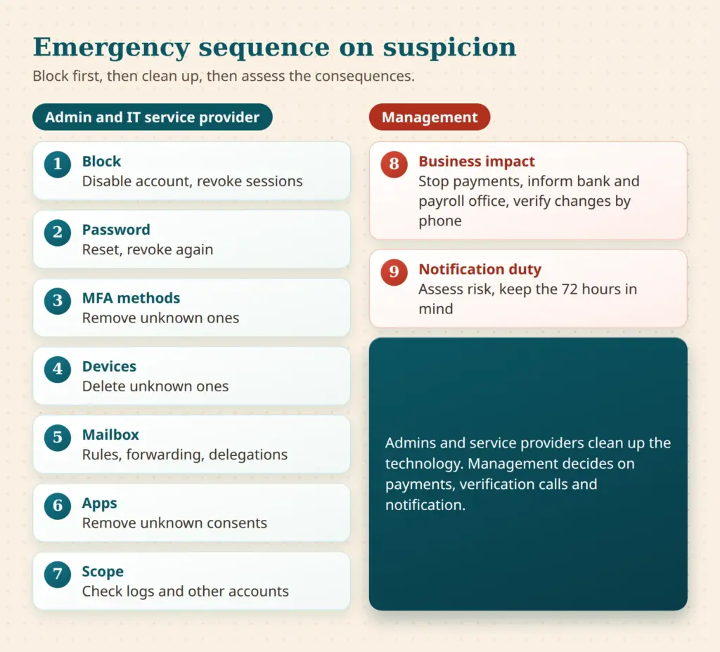 Emergency sequence in nine steps, split between admins and management