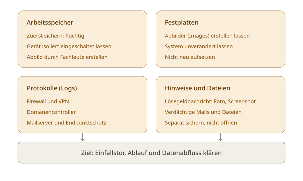 Übersicht der Beweisquellen nach einem Ransomware-Angriff in vier Gruppen: Arbeitsspeicher, Festplatten-Abbilder, Protokolle von Firewall, VPN, Domänencontrollern, Mailserver und Endpunktschutz sowie Hinweise und Dateien wie das Foto der Lösegeldnachricht. Ziel ist die Klärung von Einfallstor, Ablauf und Datenabfluss.