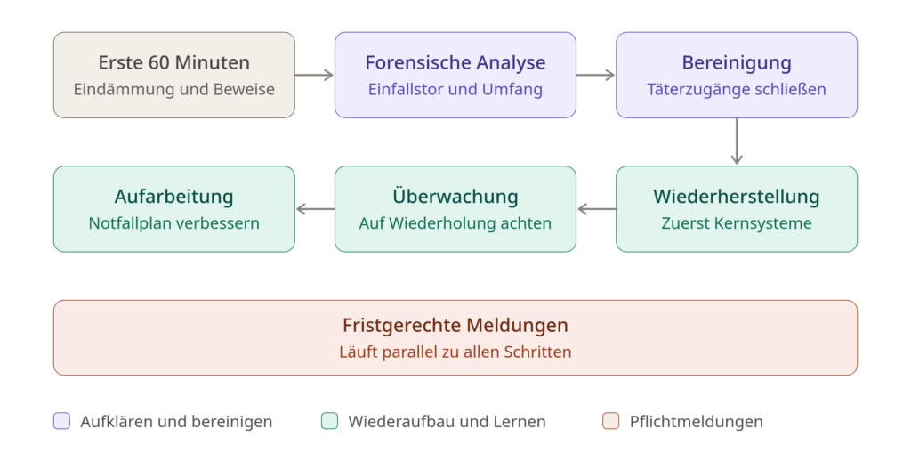 Ablauf nach den ersten 60 Minuten: forensische Analyse, Bereinigung, Wiederherstellung, Überwachung und Aufarbeitung. Parallel dazu laufen die fristgerechten Meldungen an Behörden, Betroffene und Vertragspartner.