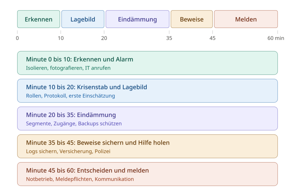 Zeitstrahl der ersten 60 Minuten nach einem Ransomware-Angriff mit fünf Phasen: Erkennen (0 bis 10 Minuten), Lagebild (10 bis 20), Eindämmung (20 bis 35), Beweise sichern (35 bis 45), Melden (45 bis 60).