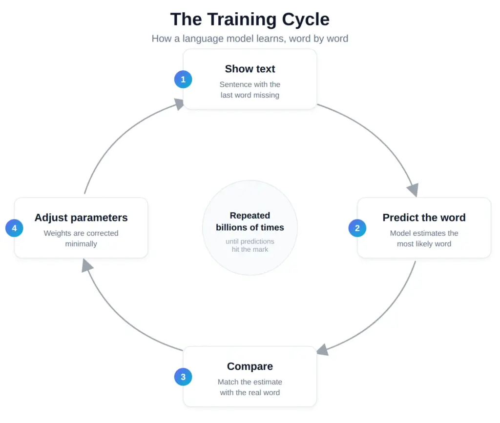 Training cycle of a language model: show text, predict the word, compare, adjust parameters