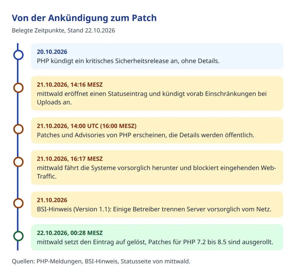 Zeitstrahl der PHP2Shell-Lücke vom 20. bis 22. Oktober 2026 von der Ankündigung bis zur Statusmeldung des Hosters