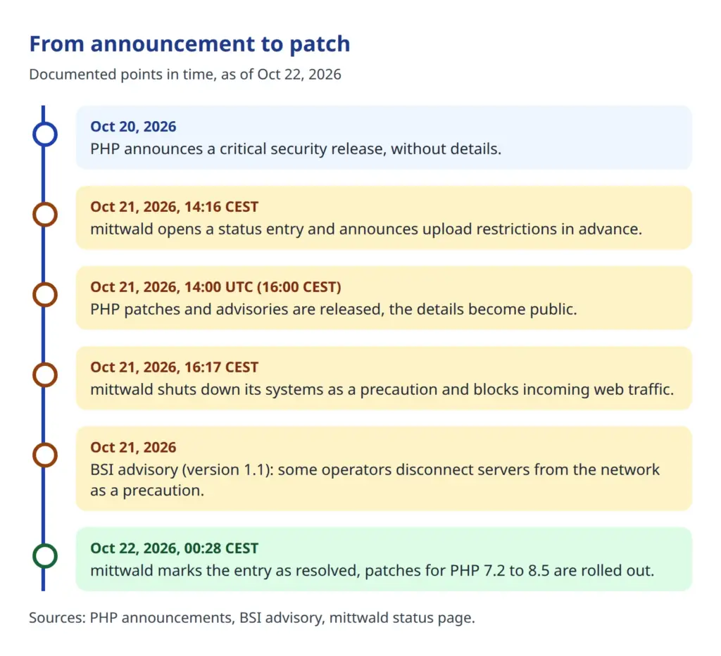 Timeline of the PHP2Shell vulnerability from October 20 to 22, 2026, from announcement to a hoster's status update